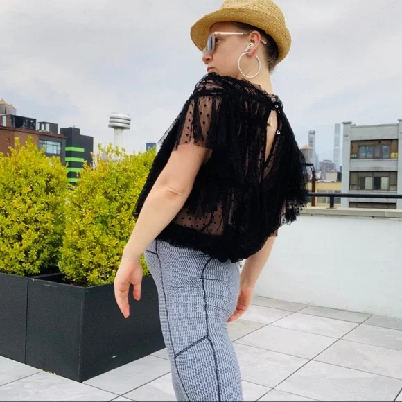 Hat or Top Free People Sheer Polka Dot Tulle Ruffle Cinch Top - Picture 2 of 16